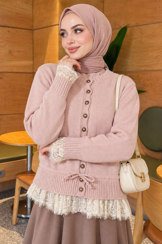 Gilet En Maille Rose À Détails En Dentelle Et À Nouer