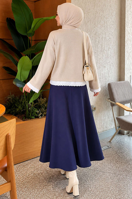 Dantel Detaylı Basic Tunik Bej