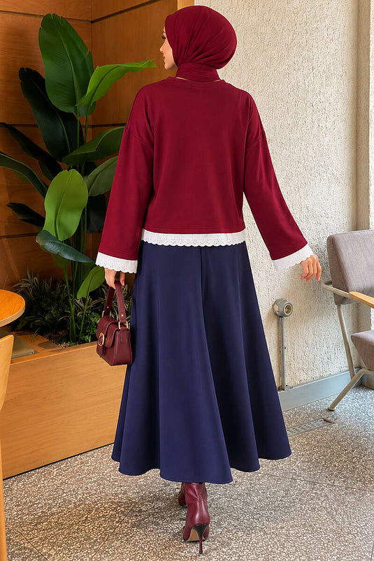 Dantel Detaylı Basic Tunik Bordo