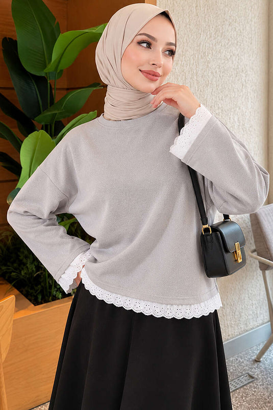Dantel Detaylı Basic Tunik Gri