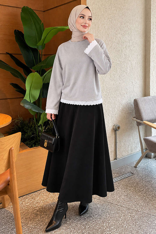 Dantel Detaylı Basic Tunik Gri