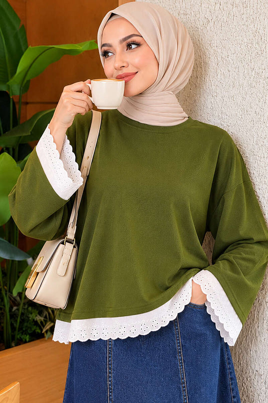 Dantel Detaylı Basic Tunik Haki