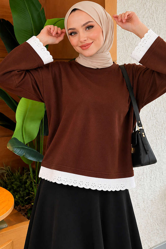 Dantel Detaylı Basic Tunik Kahve