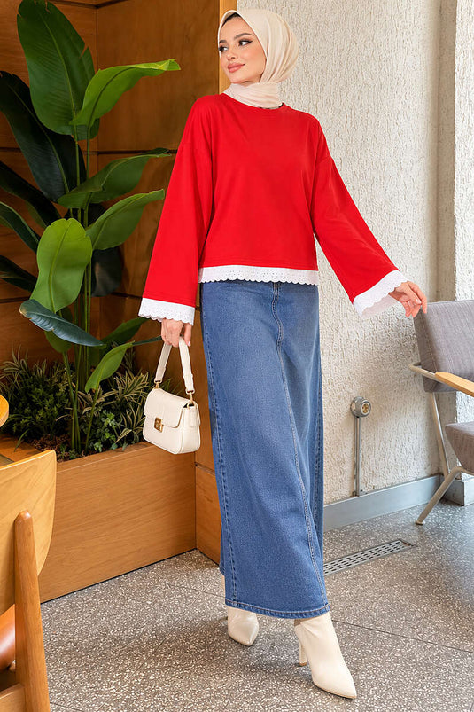 Dantel Detaylı Basic Tunik Kırmızı