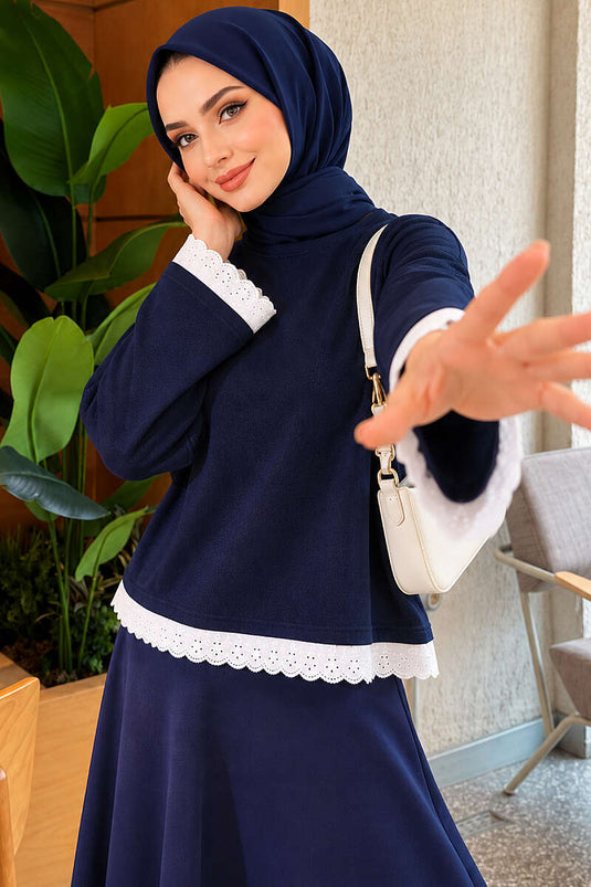 Dantel Detaylı Basic Tunik Lacivert