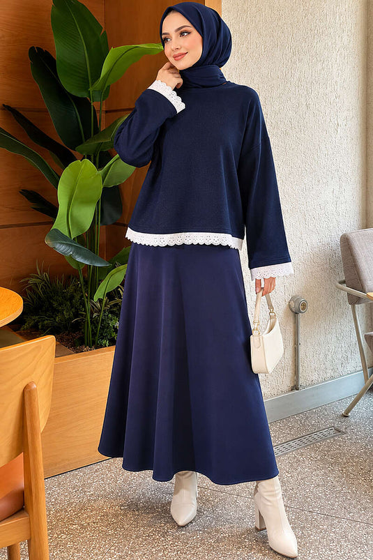 Dantel Detaylı Basic Tunik Lacivert