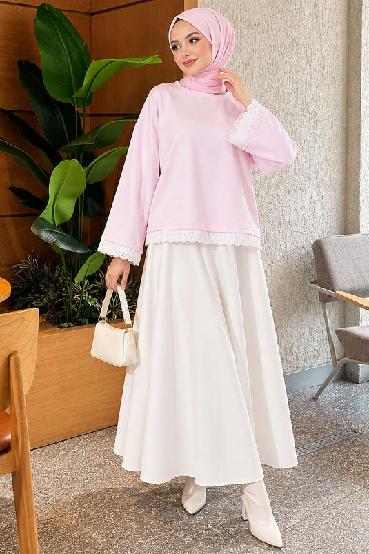 Dantel Detaylı Basic Tunik Pembe