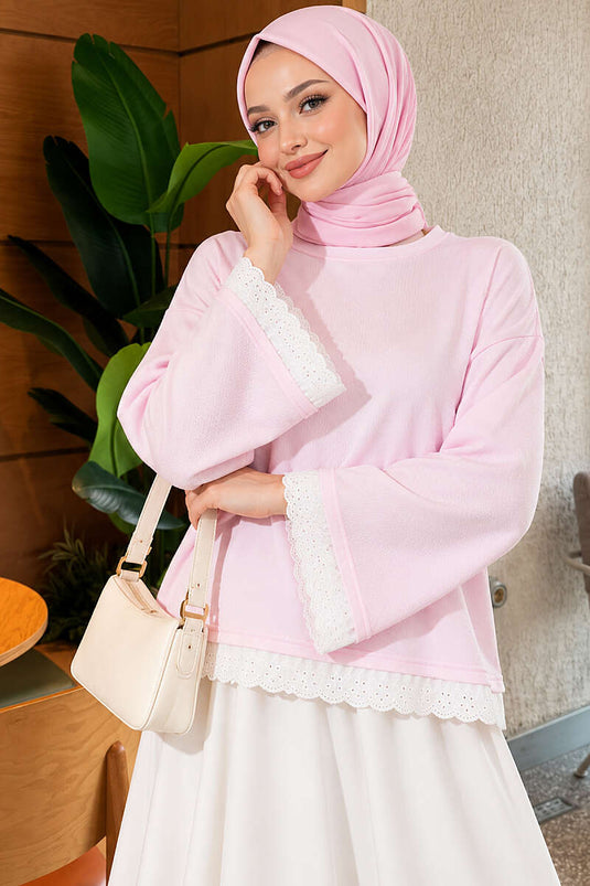 Dantel Detaylı Basic Tunik Pembe