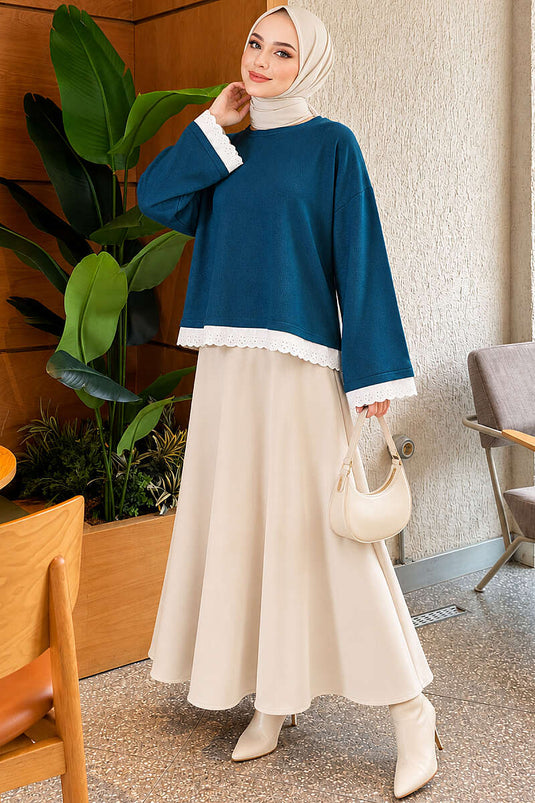 Dantel Detaylı Basic Tunik Petrol