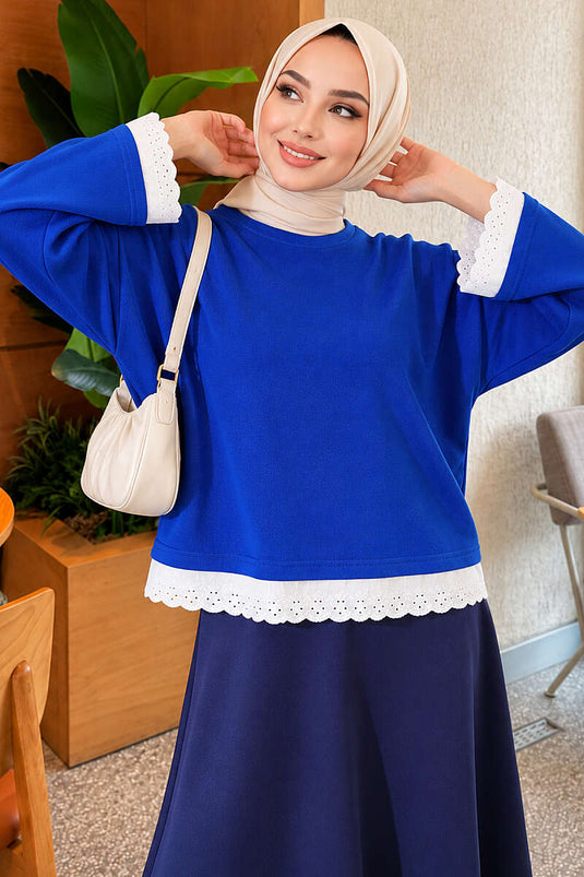 Dantel Detaylı Basic Tunik Saks