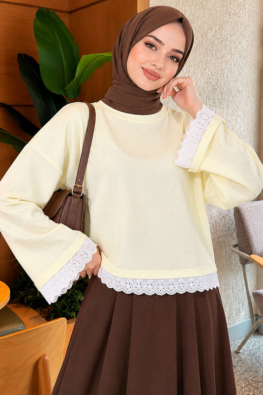 Dantel Detaylı Basic Tunik Sarı