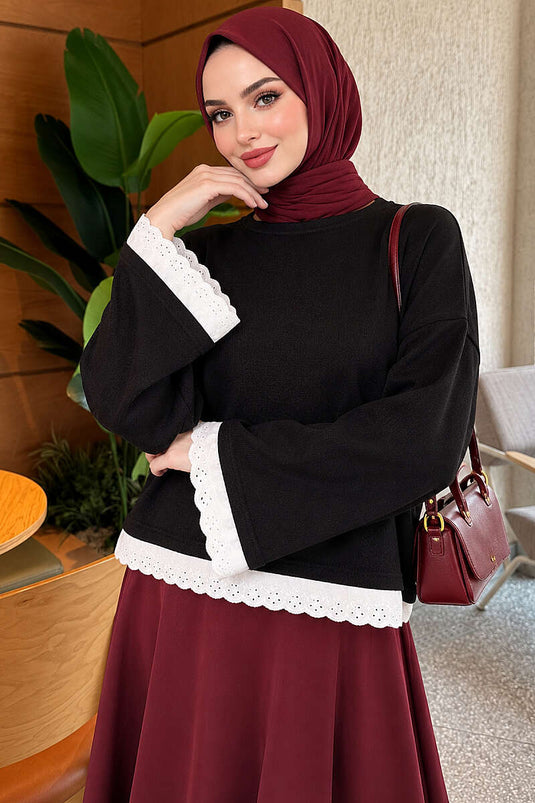 Dantel Detaylı Basic Tunik Siyah