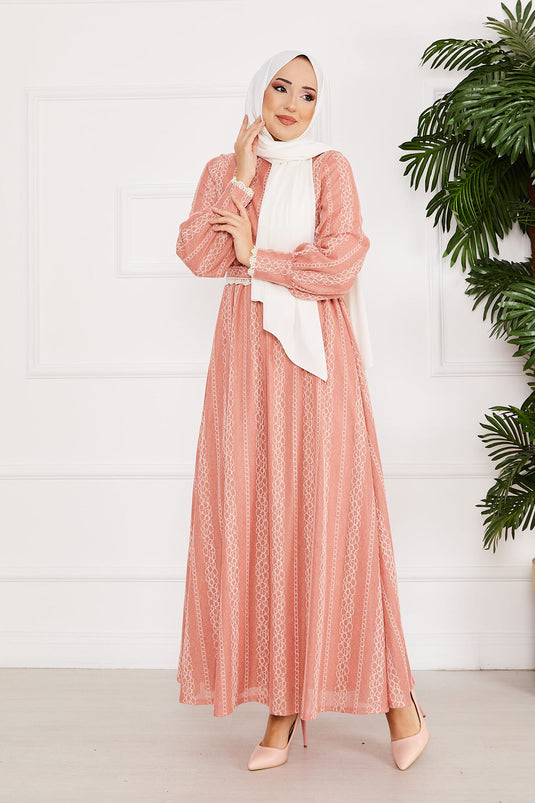 Lace Detailed Belted Modest Dress Rose Pink