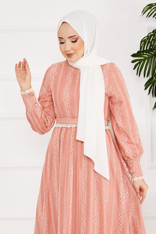 Lace Detailed Belted Modest Dress Rose Pink