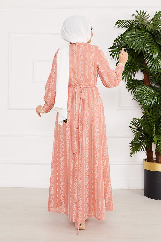 Lace Detailed Belted Modest Dress Rose Pink