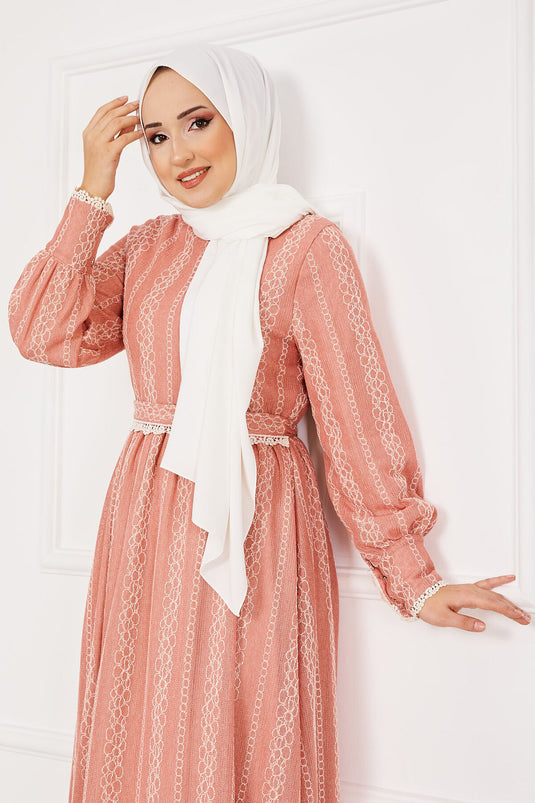 Lace Detailed Belted Modest Dress Rose Pink