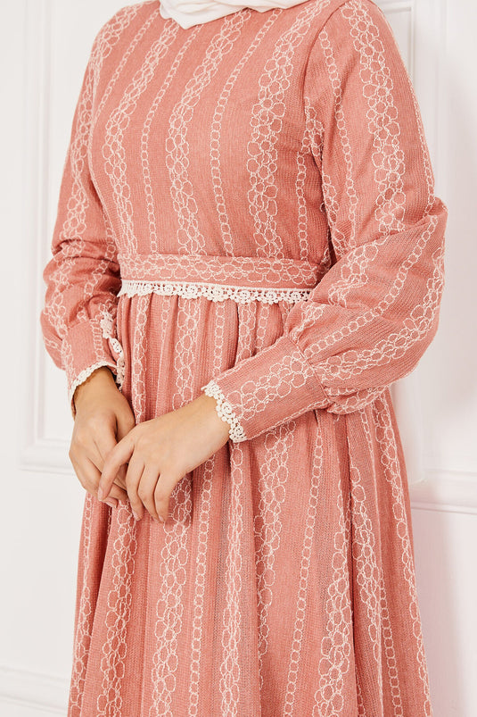 Lace Detailed Belted Modest Dress Rose Pink