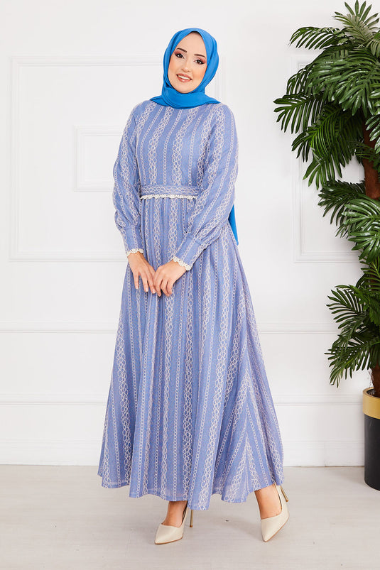 Lace Detailed Belted Modest Dress Indigo