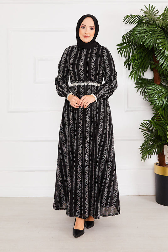 Lace Detailed Belted Modest Dress Black