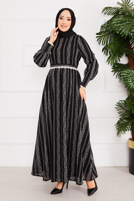 Lace Detailed Belted Modest Dress Black