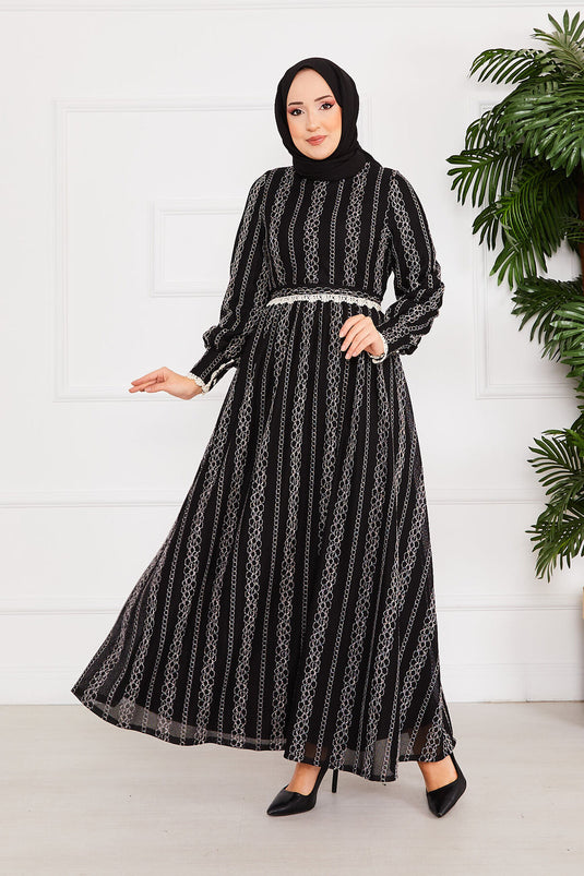 Lace Detailed Belted Modest Dress Black