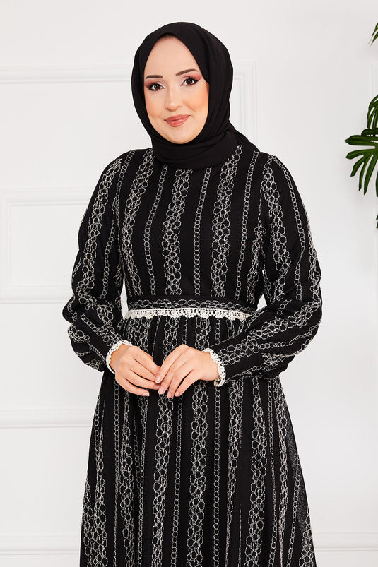 Lace Detailed Belted Modest Dress Black