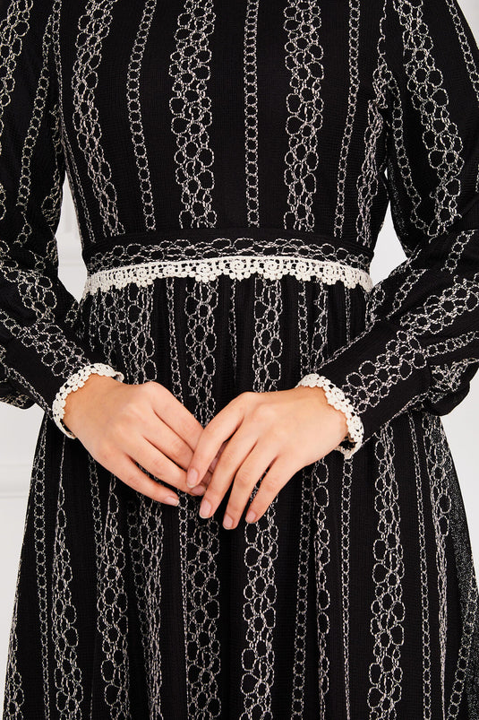 Lace Detailed Belted Modest Dress Black