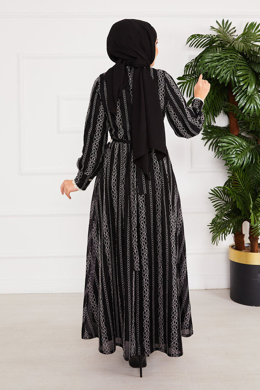 Lace Detailed Belted Modest Dress Black