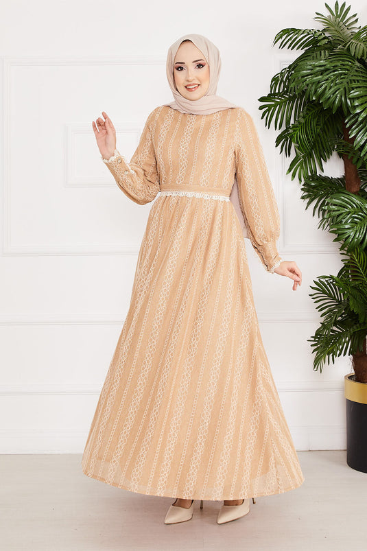 Lace Detailed Belted Modest Dress Beige