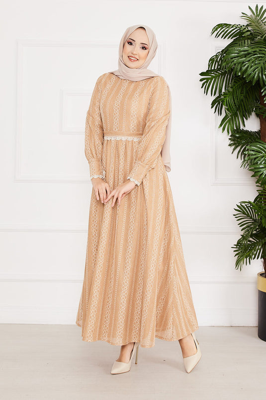 Lace Detailed Belted Modest Dress Beige