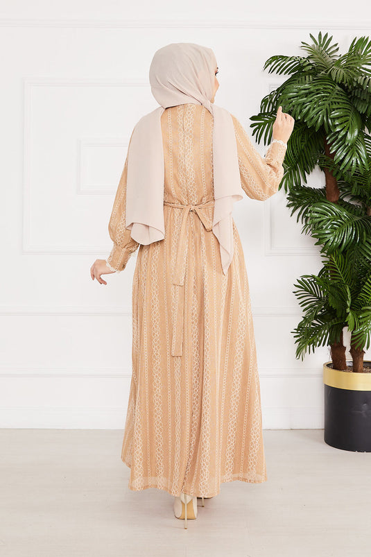 Lace Detailed Belted Modest Dress Beige