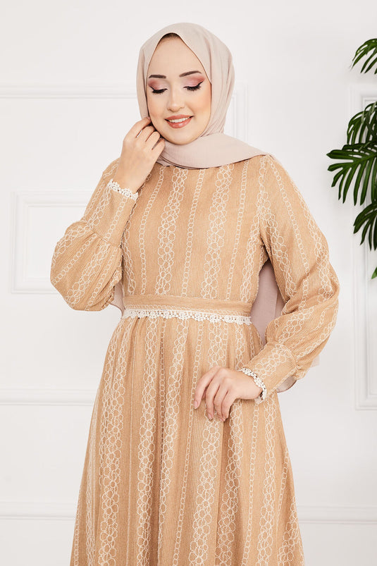 Lace Detailed Belted Modest Dress Beige