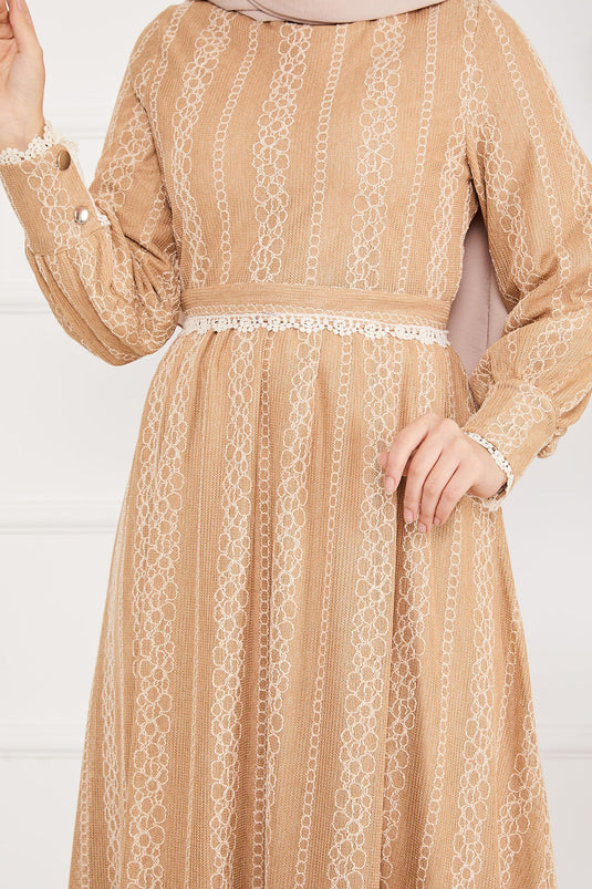 Lace Detailed Belted Modest Dress Beige