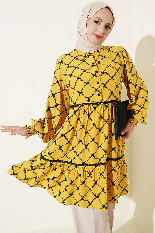 Tunique Ceinturée En Dentelle Jaune