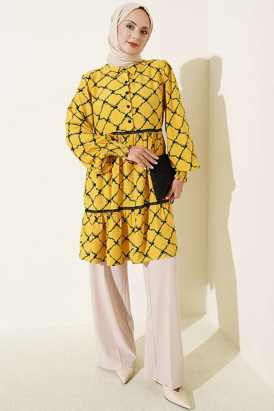 Tunique Ceinturée En Dentelle Jaune