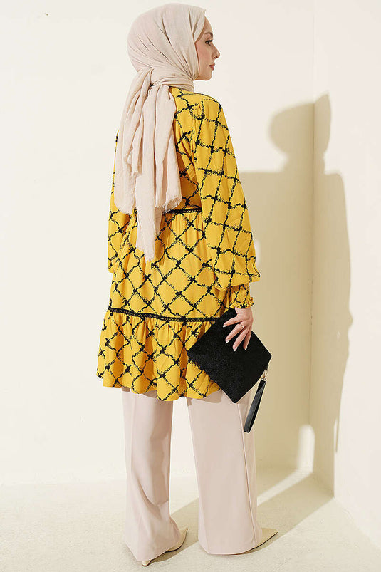 Tunique Ceinturée En Dentelle Jaune