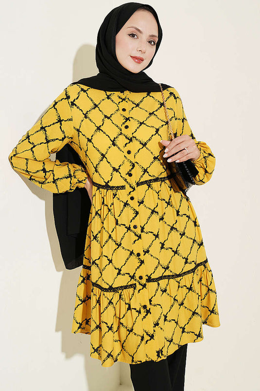Tunique À Manches Lasting En Dentelle Jaune