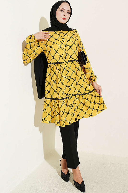 Tunique À Manches Lasting En Dentelle Jaune
