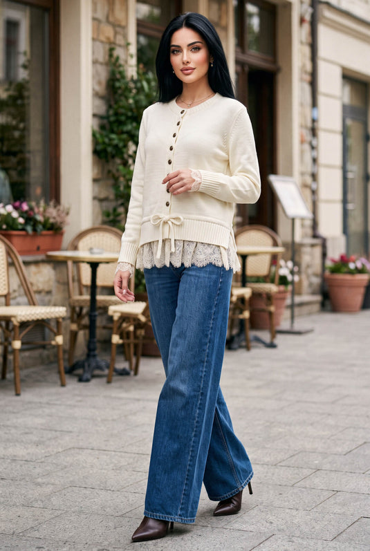 Beige Knopen Trui Vest Met Kantdetails