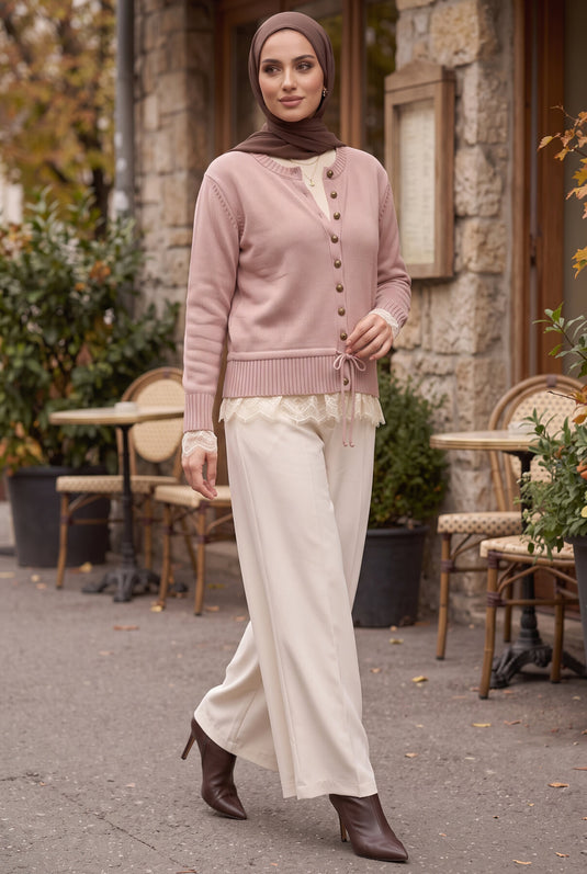 Roze Geborduurde Knitted Cardigan Met Knopen