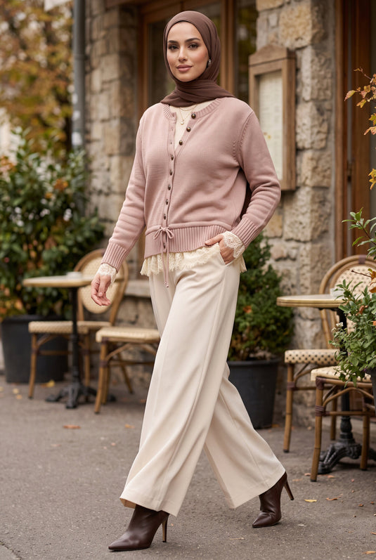 Roze Geborduurde Knitted Cardigan Met Knopen