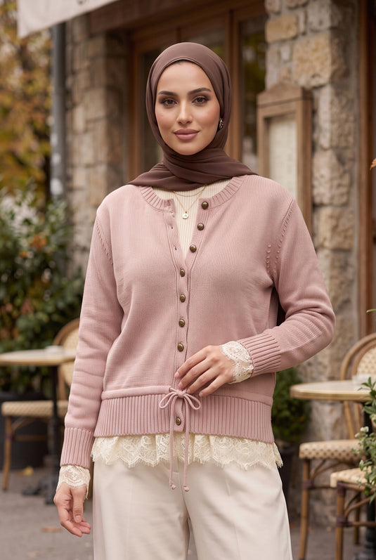 Pink Lace Detail Buttoned Knit Cardigan