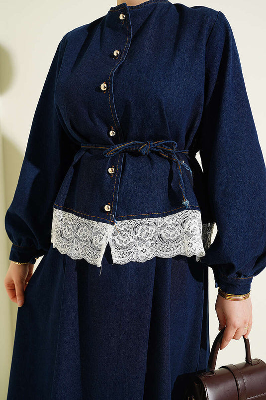 Ensemble deux pièces en jean avec jupe à détails en dentelle bleu marine