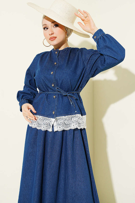 Ensemble deux pièces en jean avec jupe à détails en dentelle bleu