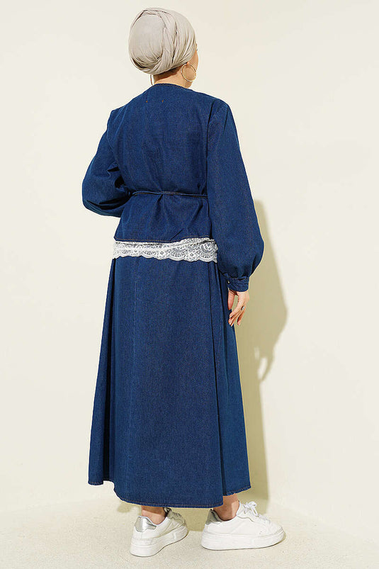 Ensemble deux pièces en jean avec jupe à détails en dentelle bleu