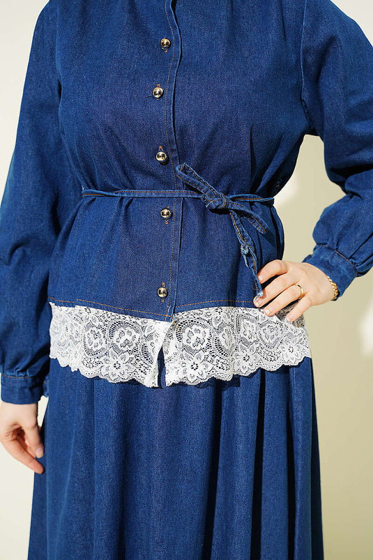 Ensemble deux pièces en jean avec jupe à détails en dentelle bleu