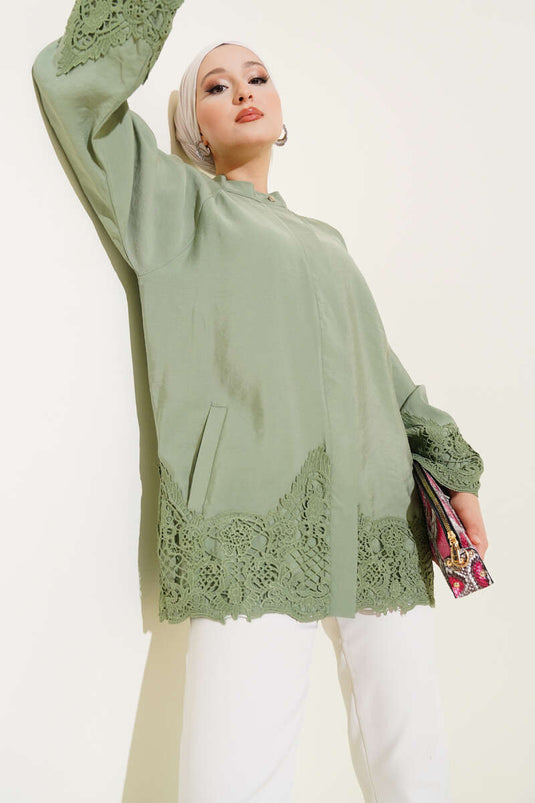 Dantel Detaylı Gizli Düğmeli Gömlek Çağla Yeşili