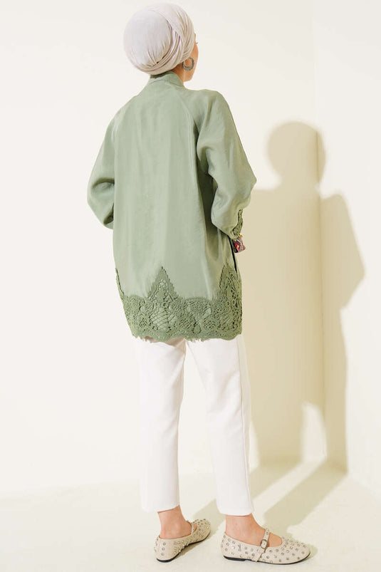 Lace Detail Hidden Button Shirt in Sage Green