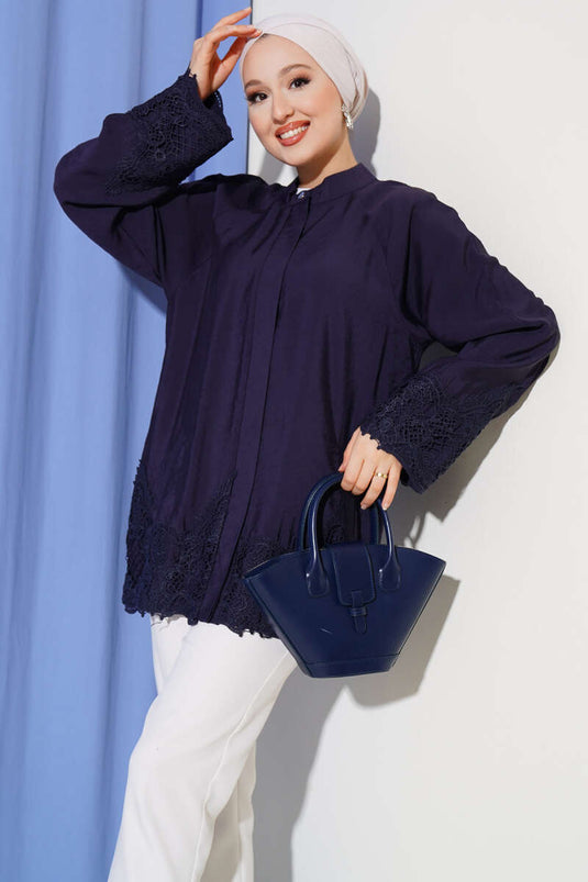 Dantel Detaylı Gizli Düğmeli Gömlek Lacivert