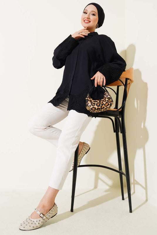 Dantel Detaylı Gizli Düğmeli Gömlek Siyah